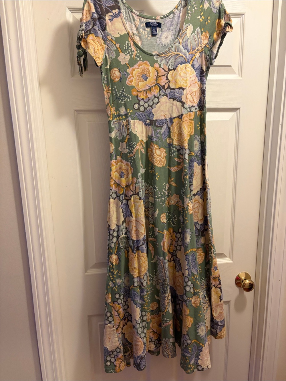Chaps Green Floral Maxi Dress with Yellow and Cream Blooms and Blue Accents
